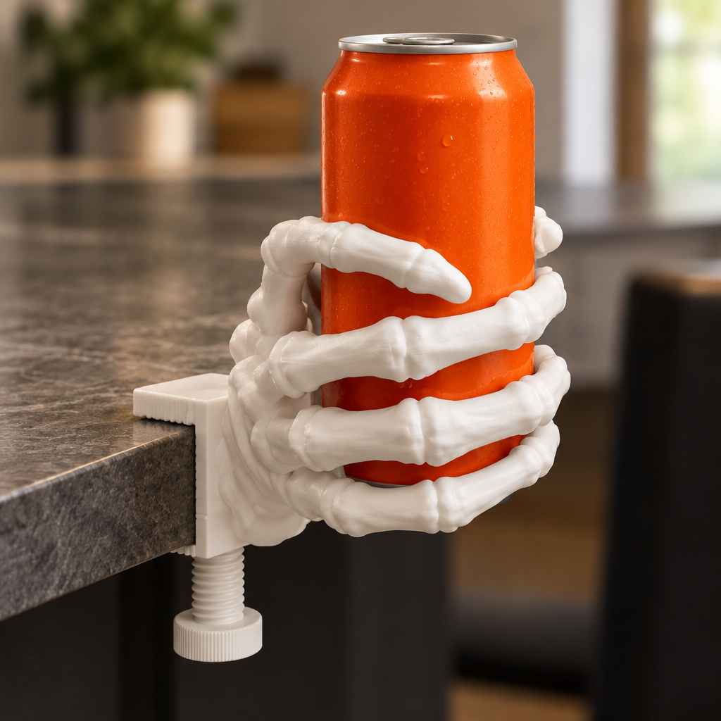 Close view of a skeleton hand drink holder gripping an orange can at a table edge