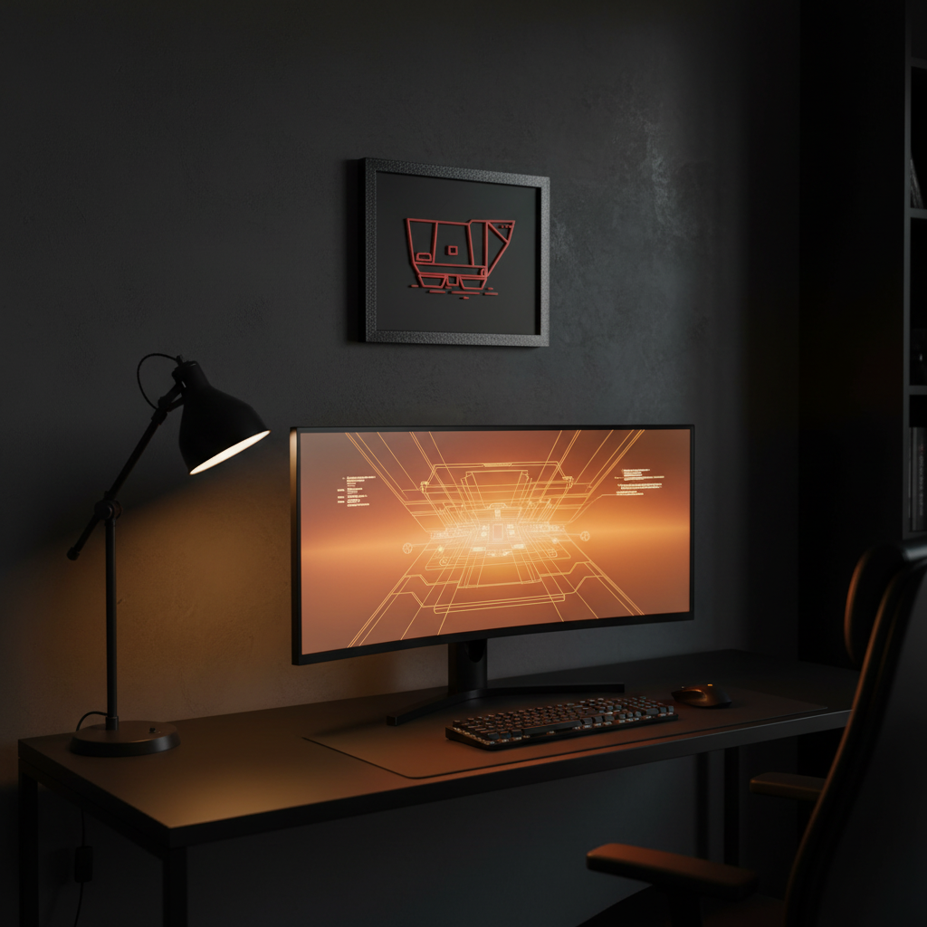 Sandcrawler neon line art shadow box hung on a dark charcoal wall above a home office desk