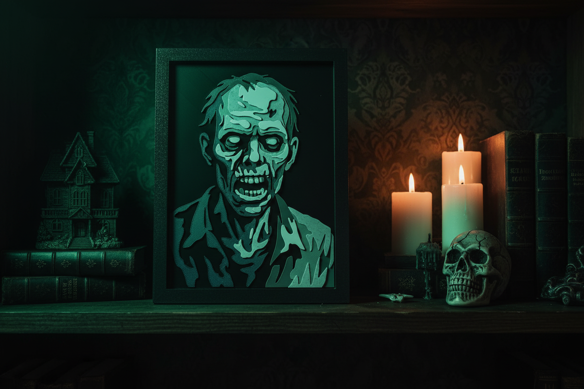 The Undead Zombie Shadow Box on a dark gothic shelf with cold green lighting and candles