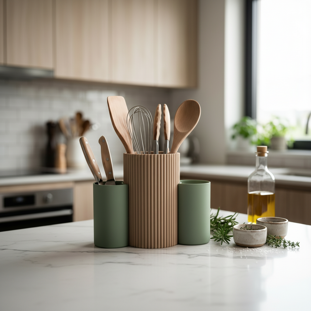 Three-Cup Combo Kitchen Utensil Caddy - beige and green colourway filled with cooking spoons and whisk on marble kitchen island, olive oil and herbs in background