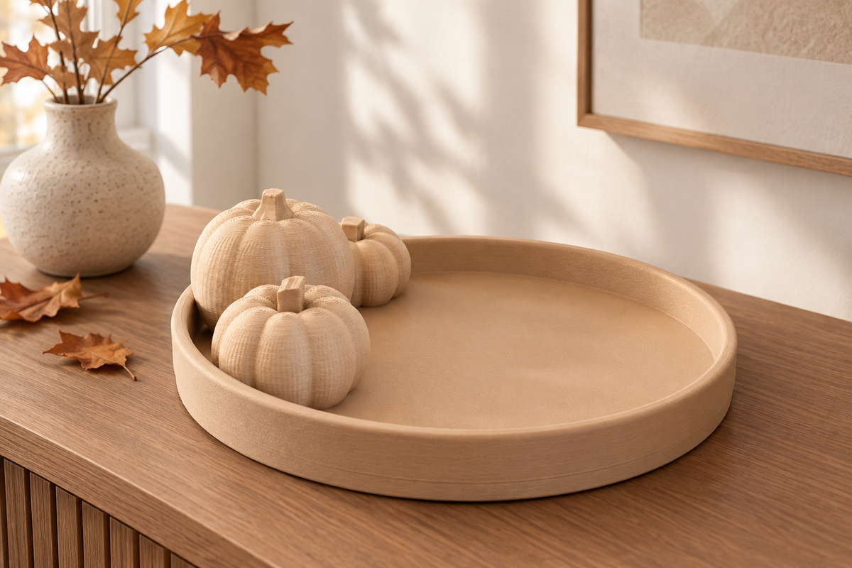 Beige Pumpkin Tray styled on a living-room console
