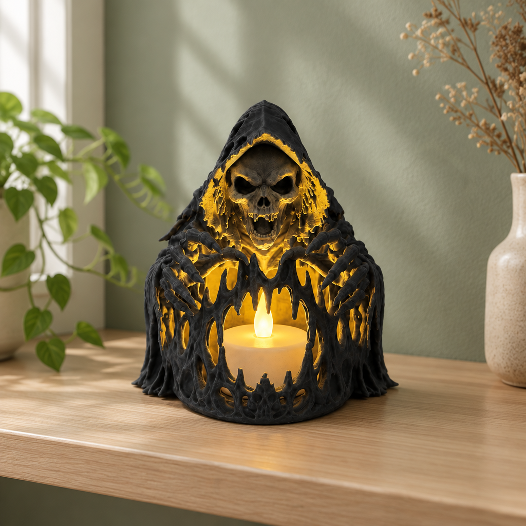 Black hooded skeleton tealight holder styled on a dark green living-room coffee table