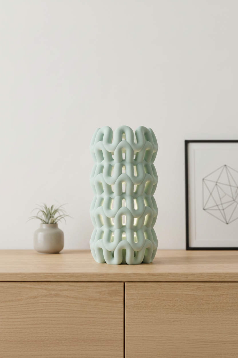 Mint green Wibble Weave LED Lamp on wooden sideboard with plant - lifestyle
