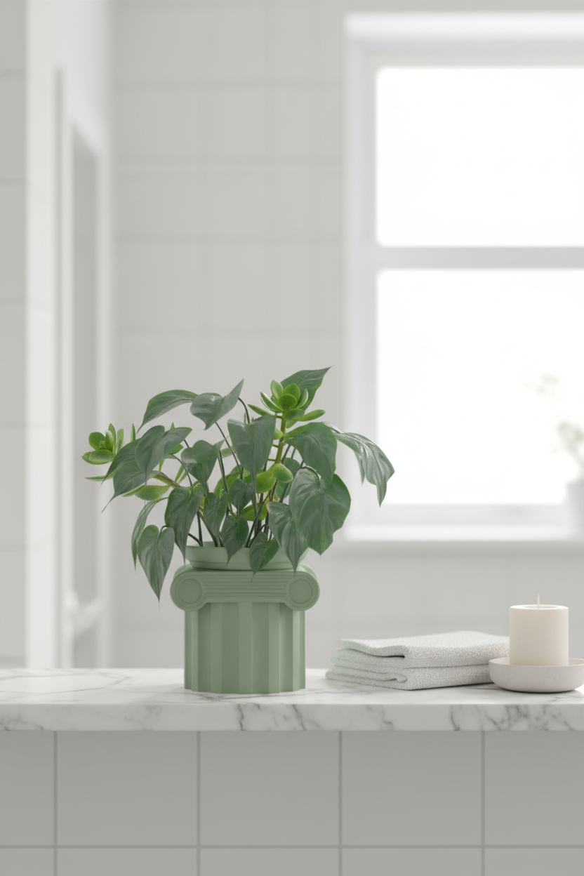 Roman Planter sage green Ionic column fluted shaft scroll capital holding succulent white marble bathroom shelf folded towel candle Scandinavian interior