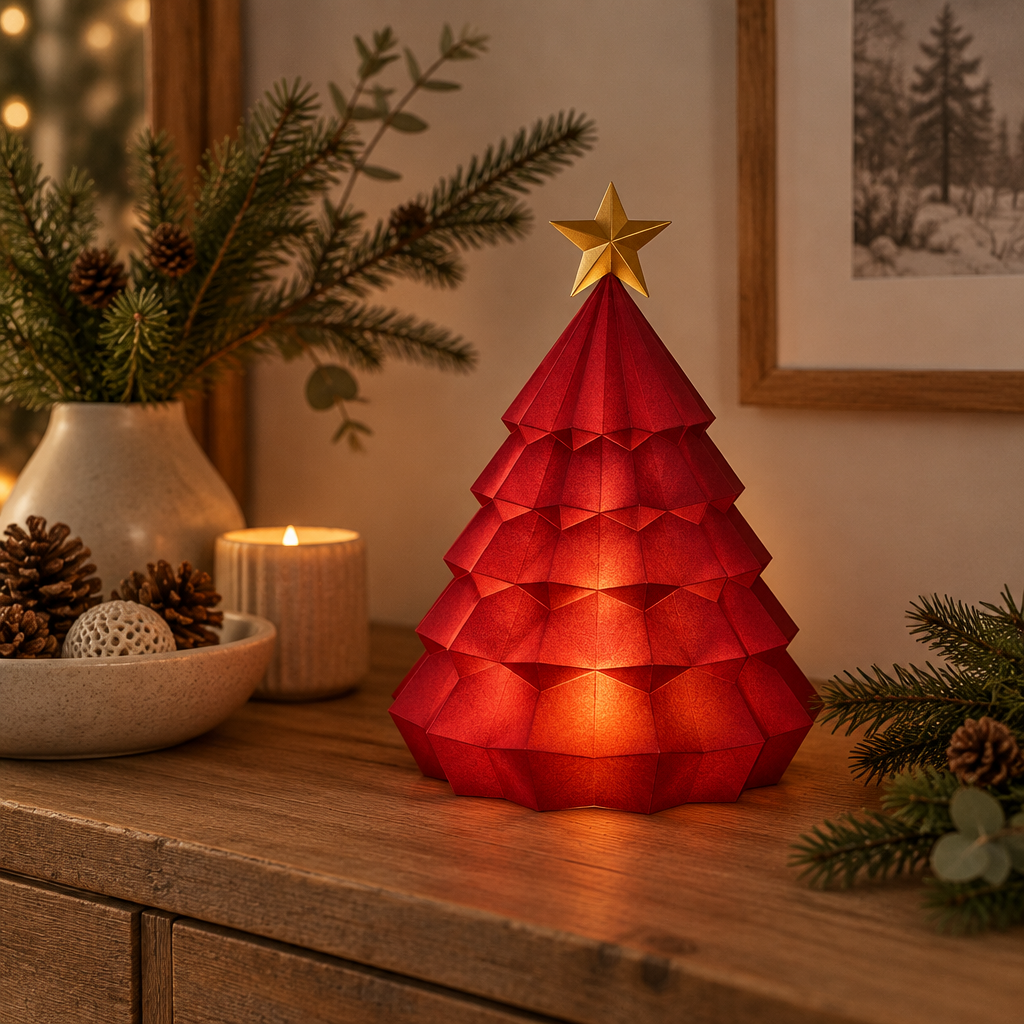 Red geometric tree tealight holder with gold-coloured star styled on a rustic sideboard