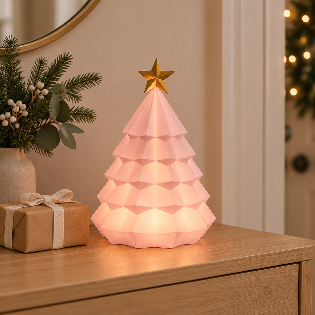 Pink faceted Christmas tree tealight holder with gold star topper beside a wrapped gift