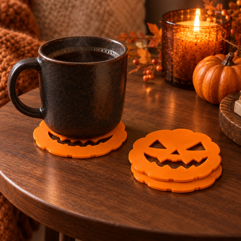 Stacked orange pumpkin face coasters beside a dark mug on a walnut table