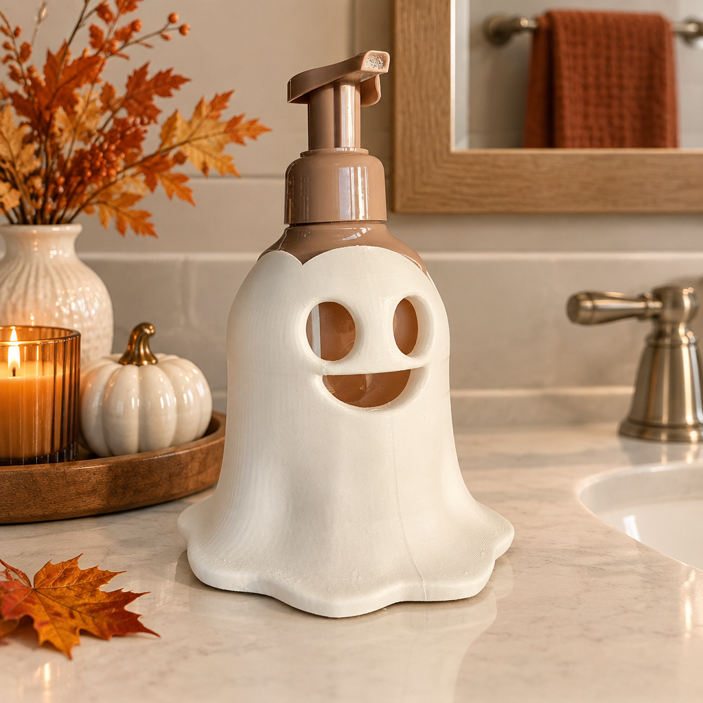 Ghost-shaped soap dispenser on a pale vanity with subtle autumn styling