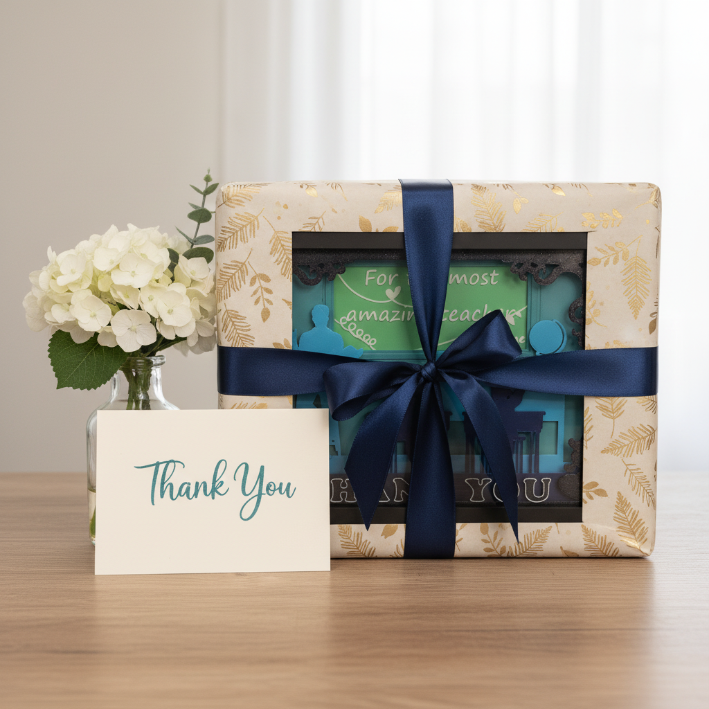 Teacher Thank You Shadow Box presented as a gift with ribbon and bow on a table with flowers and a thank you card