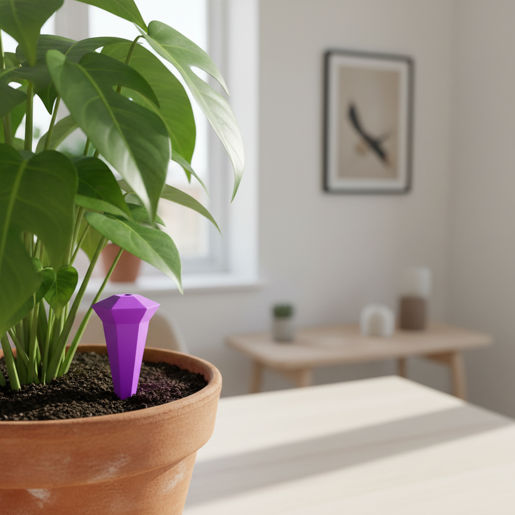 Hexagonal Plant Watering Spike - purple colourway in terracotta pot on Scandinavian shelf