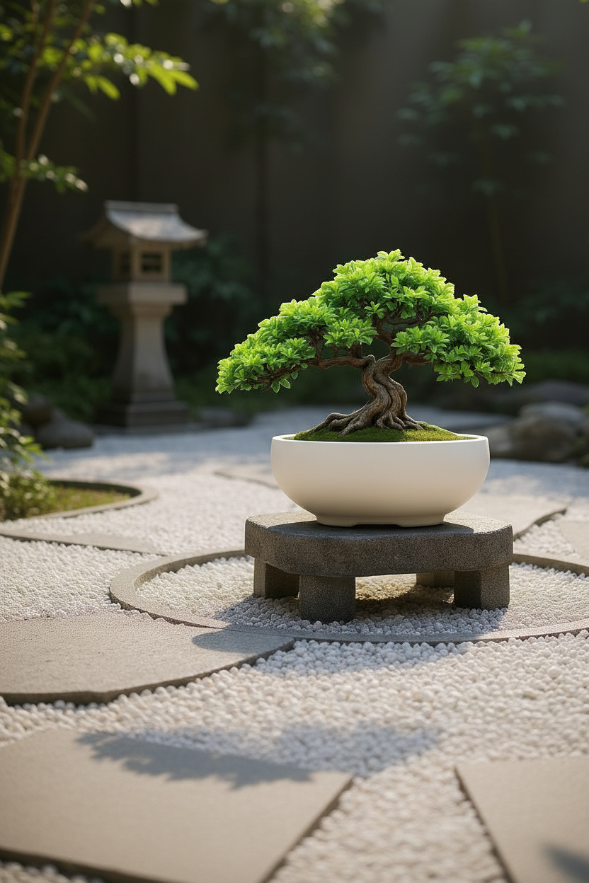Minimalist Bonsai Pot with bonsai tree in an outdoor Japanese garden
