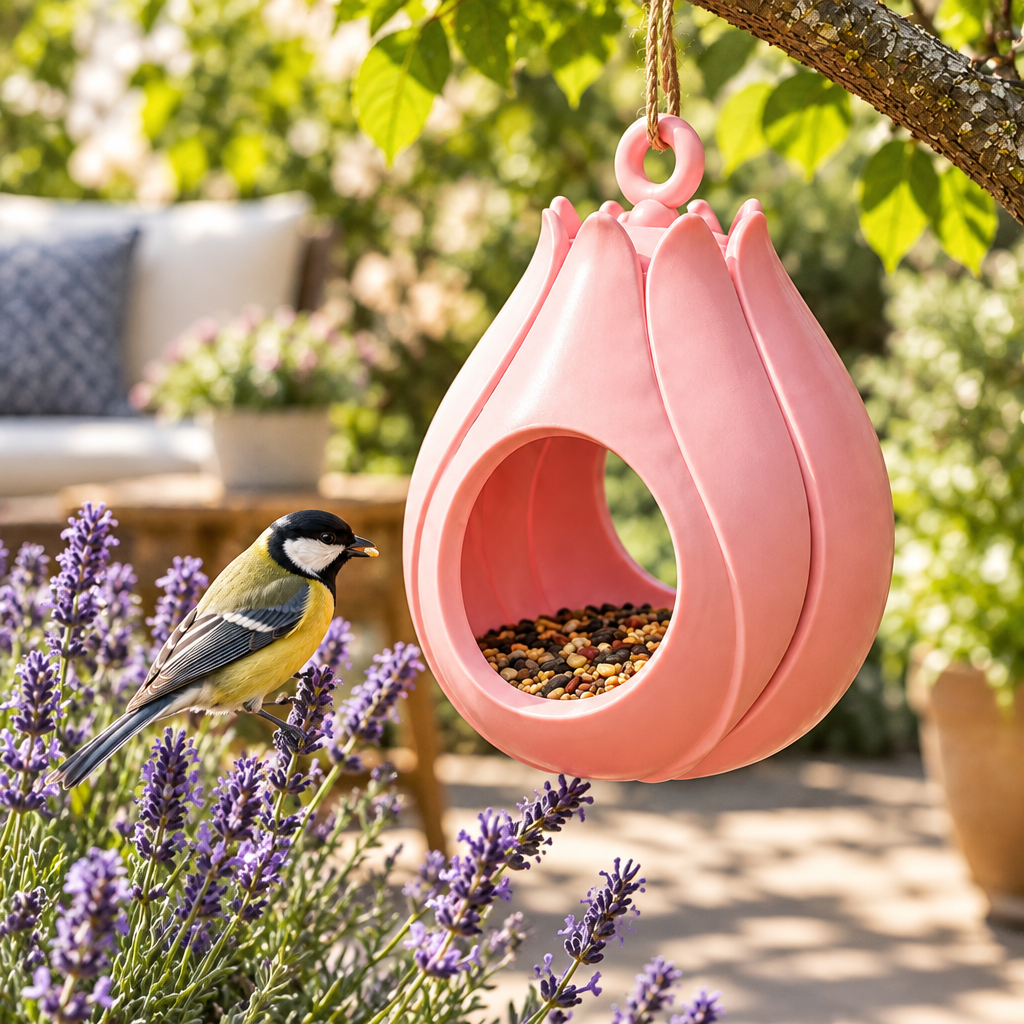 Pink Bud Blossom bird feeder near lavender patio