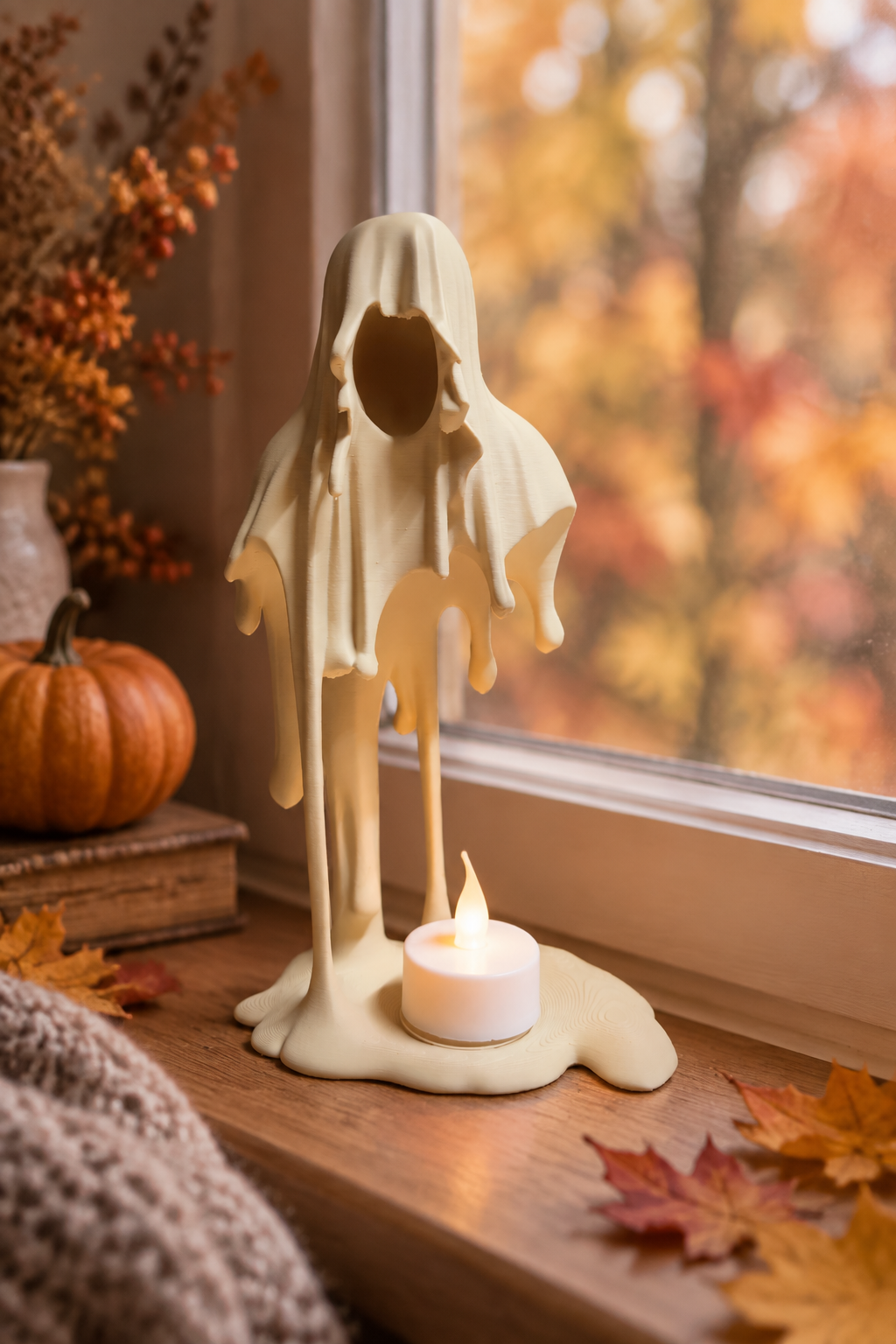 Ivory Grim Reaper tealight holder glowing beside autumn leaves on a windowsill
