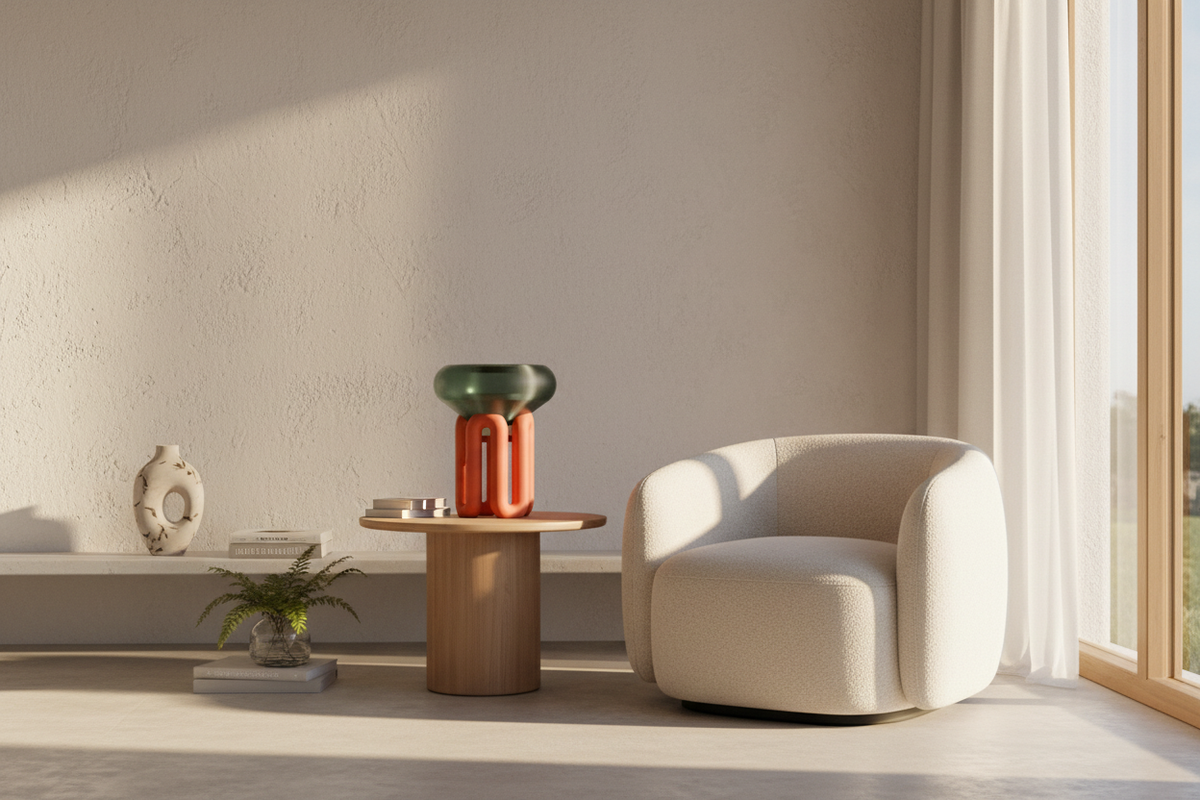 Coral Wibble Base Lamp with translucent green shade in a modern living room