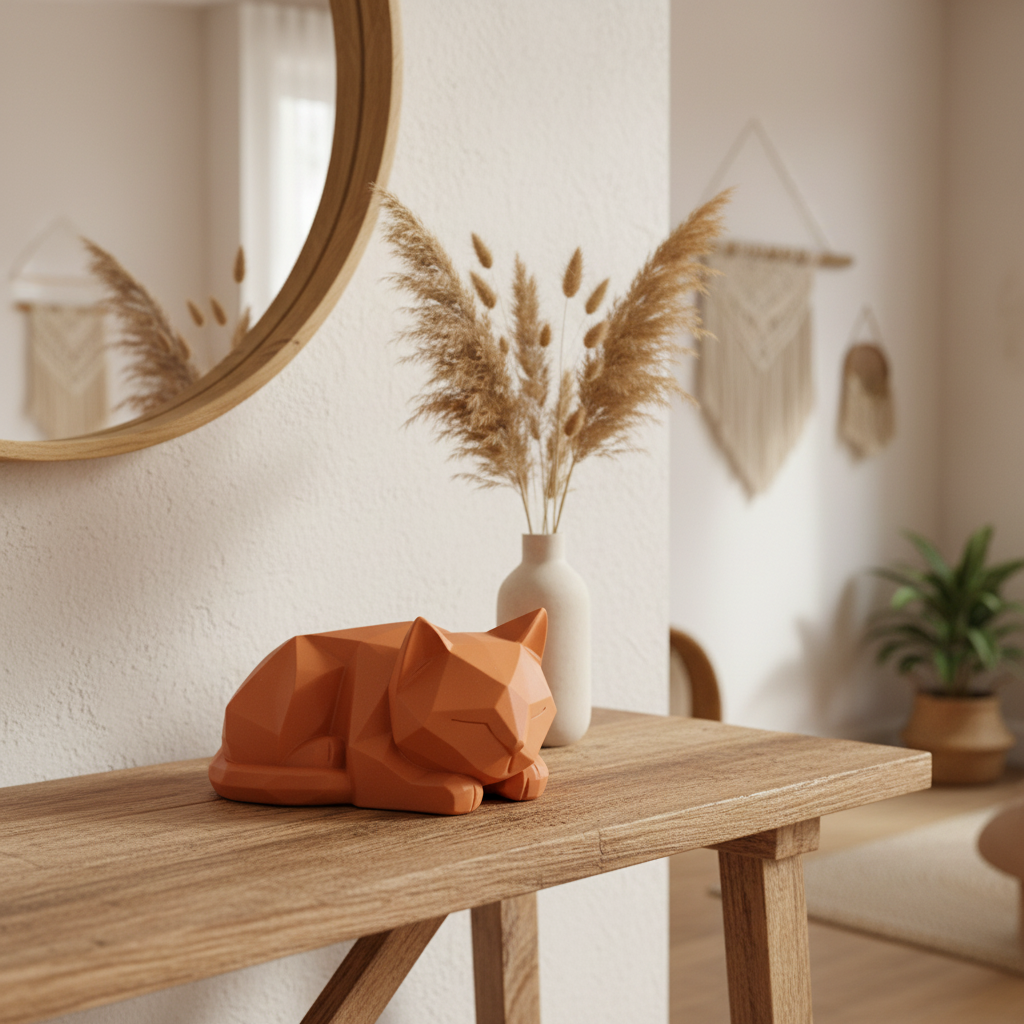 Terracotta orange Low-Poly Kitten Sculpture on a rustic boho entryway console with pampas grass