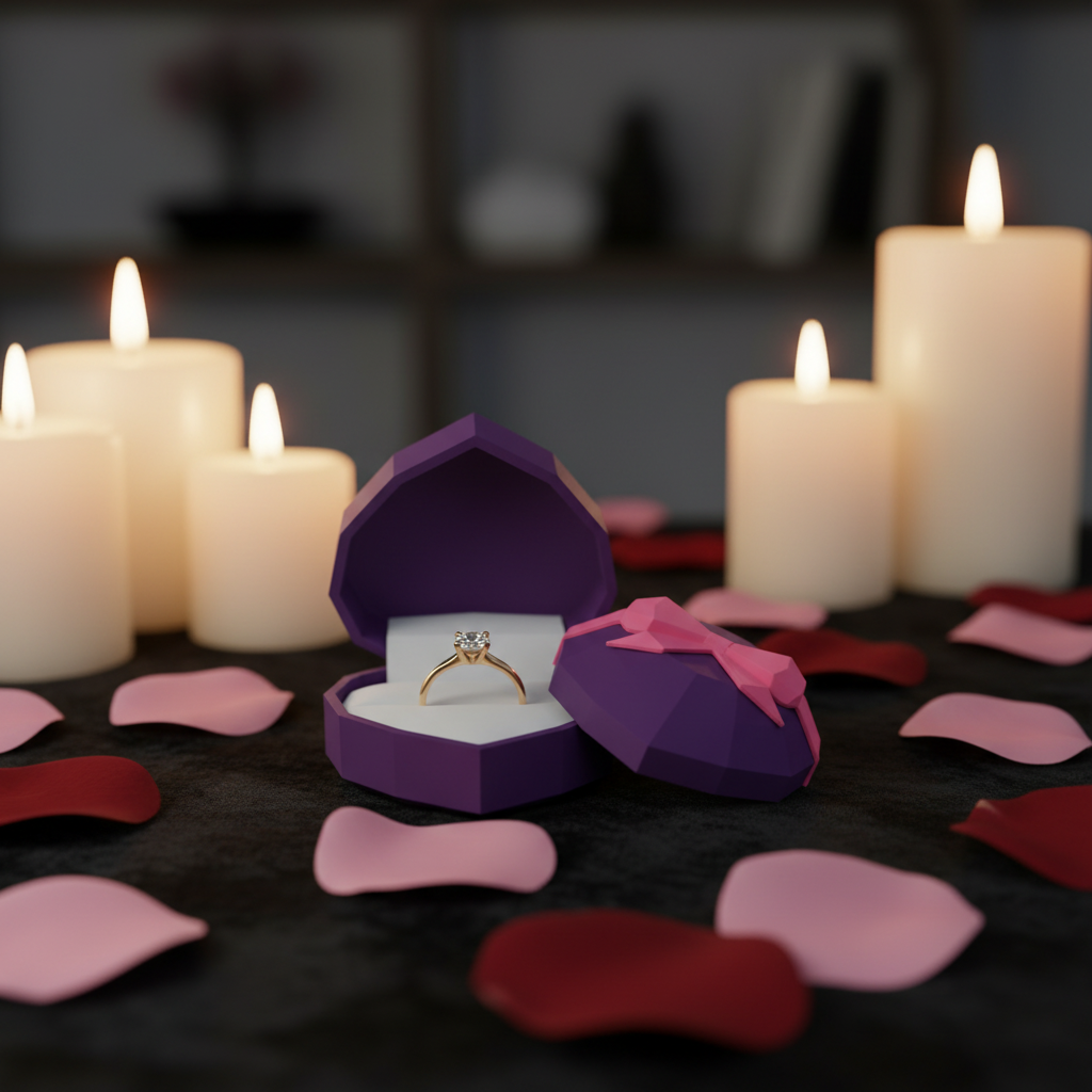 Heart-Shaped Ring Box in purple — open with gold ring inside on dark velvet surface with rose petals and candles
