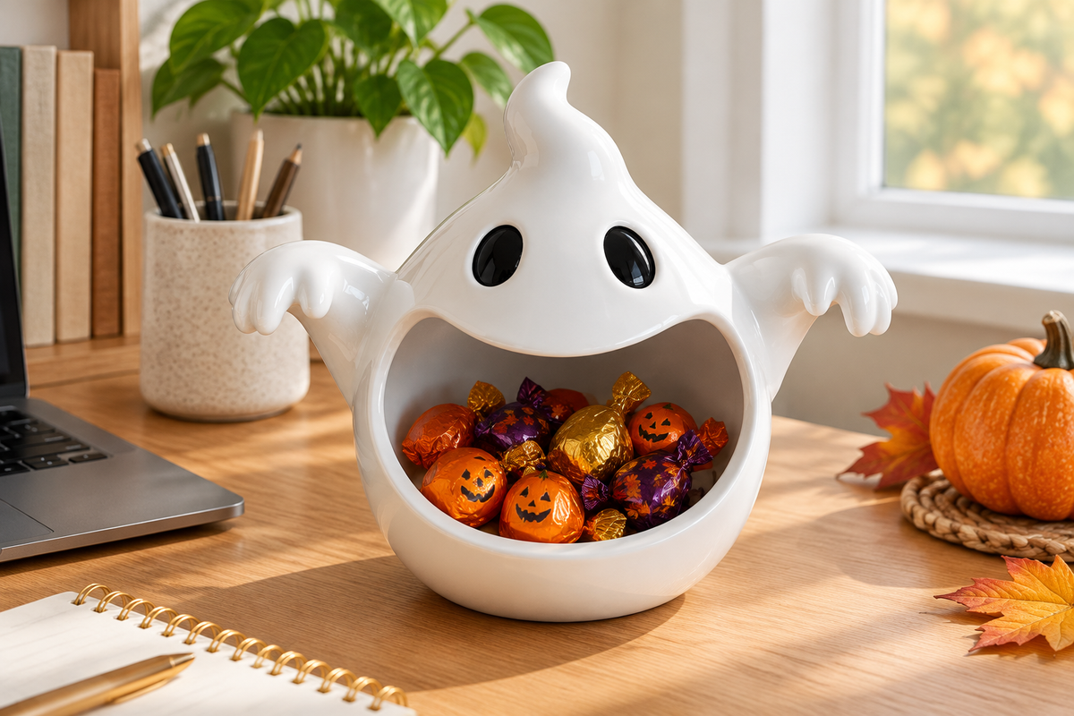 White ghost sweet bowl with outstretched hands on a tidy office desk