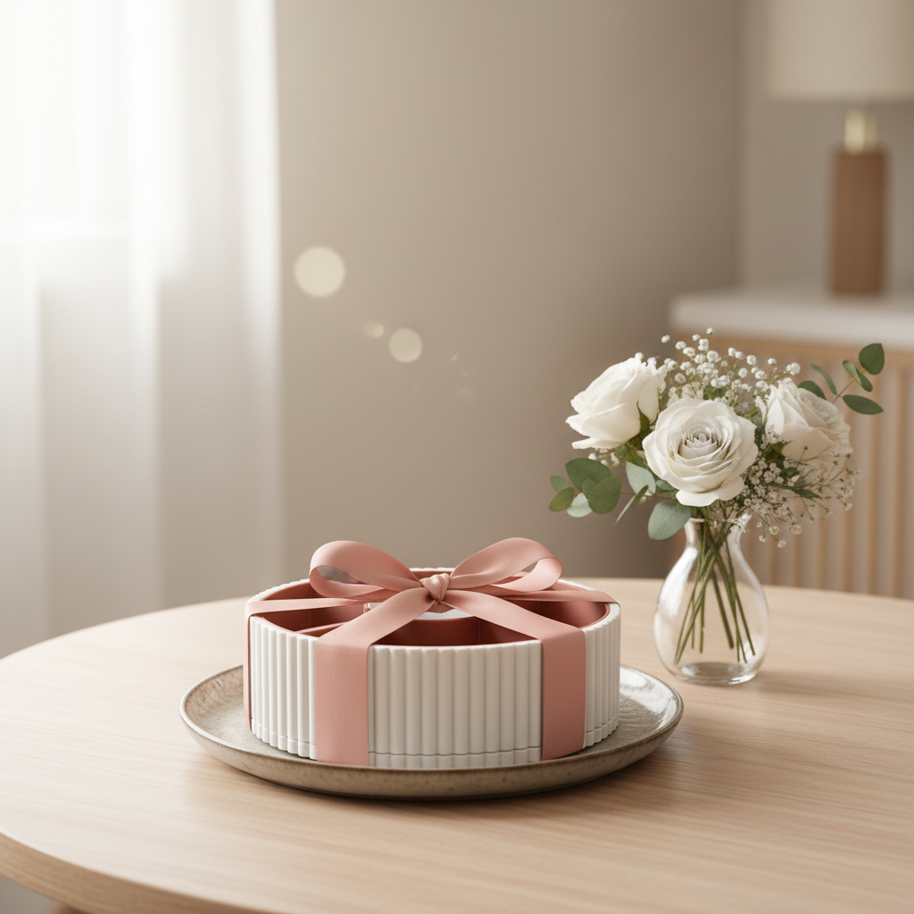 360-Degree Rotatable Ribbed Multi-Tray presented as a gift with ribbon and bow on a table with flowers