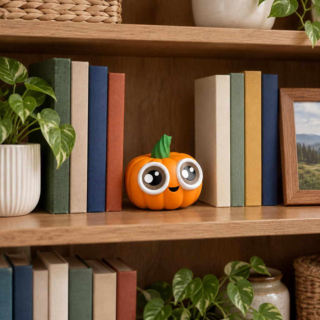 Small pumpkin figure styled between books on a bookshelf