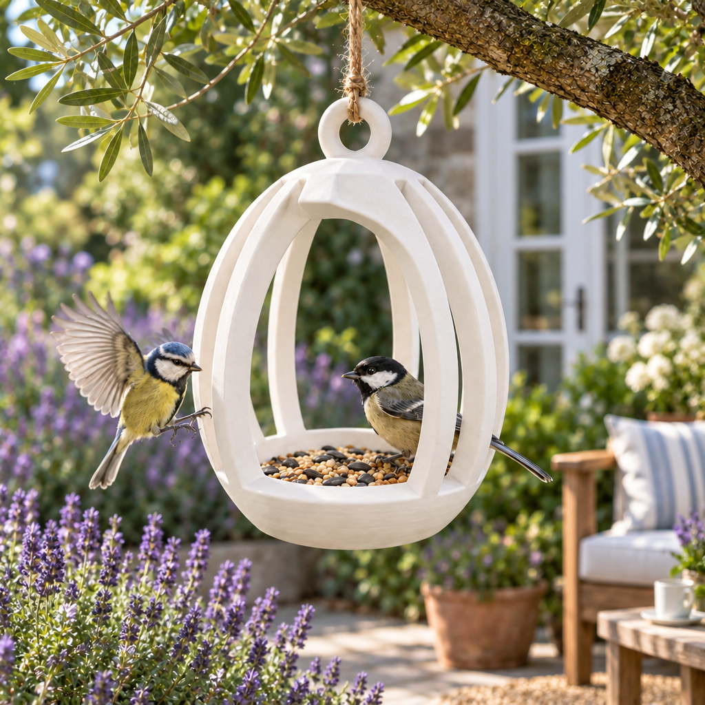 Ribbed feeder beside lavender on a patio