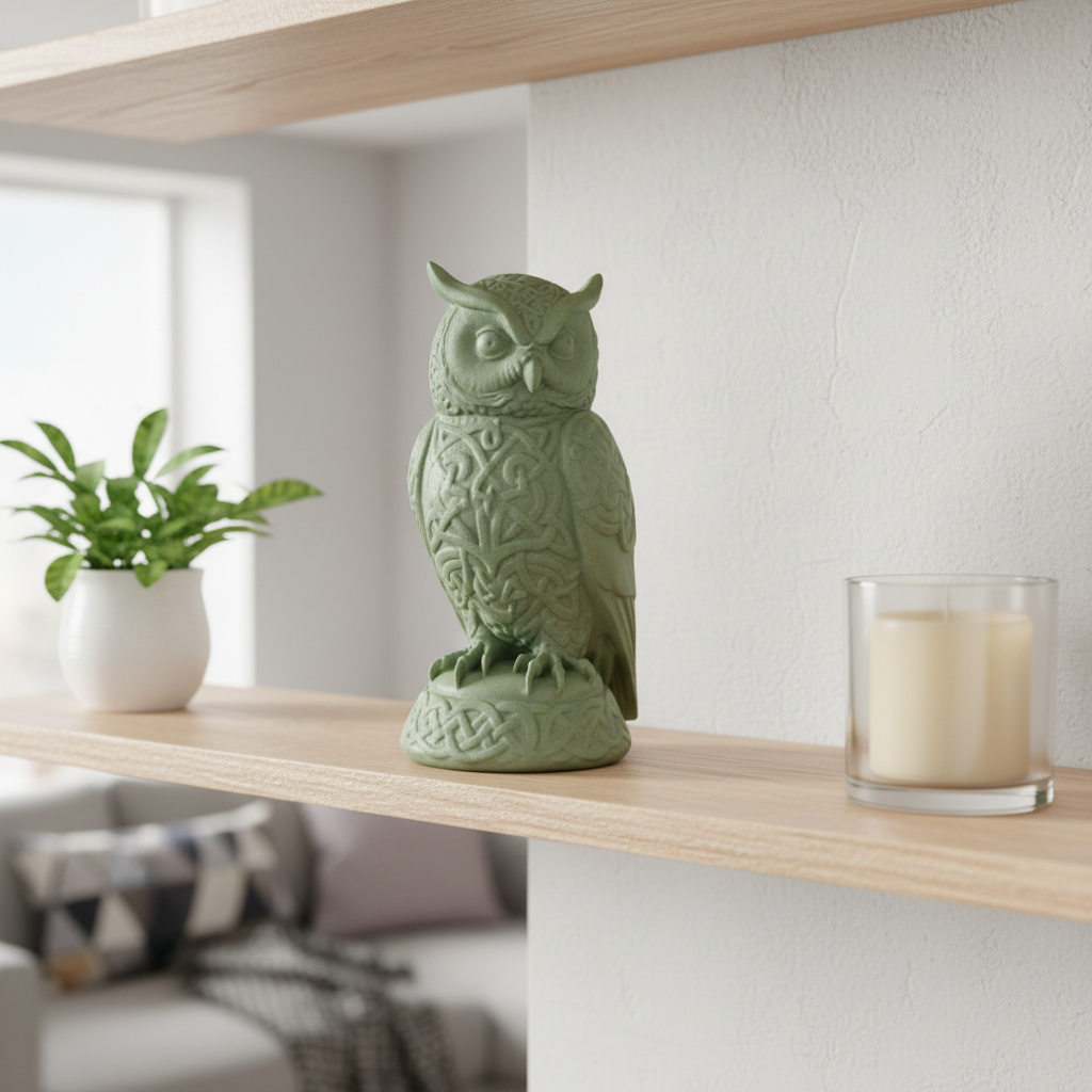 Sage green Celtic Owl Sculpture on a Scandinavian shelf with a small plant and candle