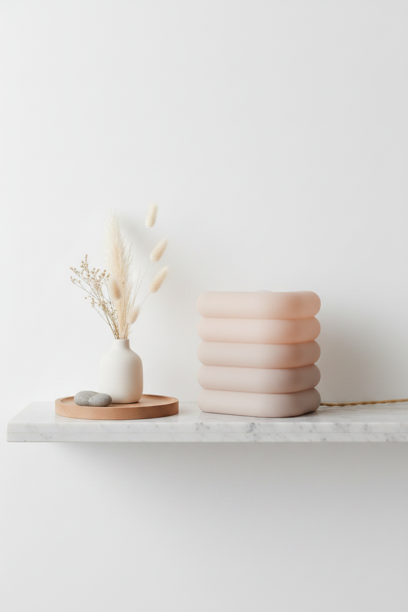 Stacked Pipe E27 Lamp in beige-pink, unlit, styled on marble shelf with Nordic decor