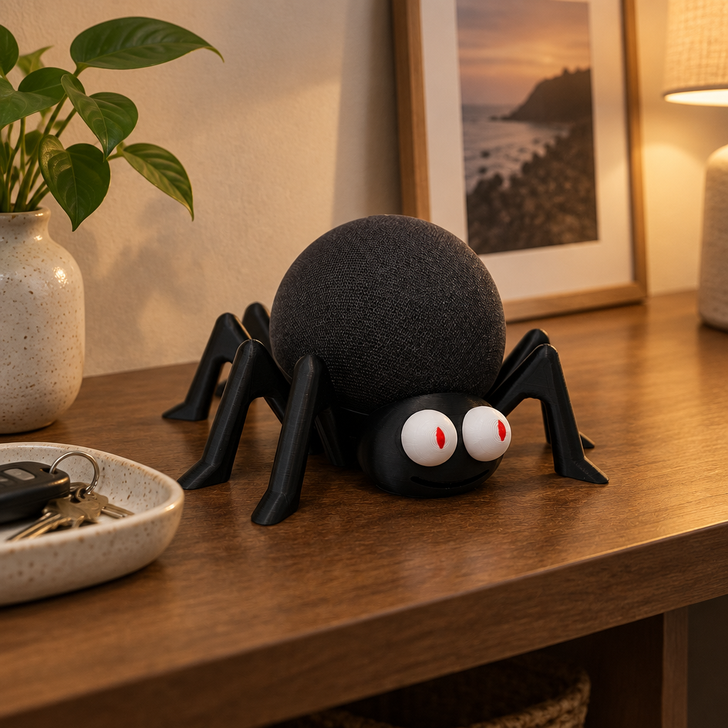 Spider Echo Dot skin on an entryway table beside a ceramic key tray