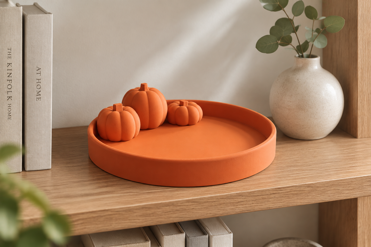 Orange Pumpkin Tray on a minimalist bookshelf