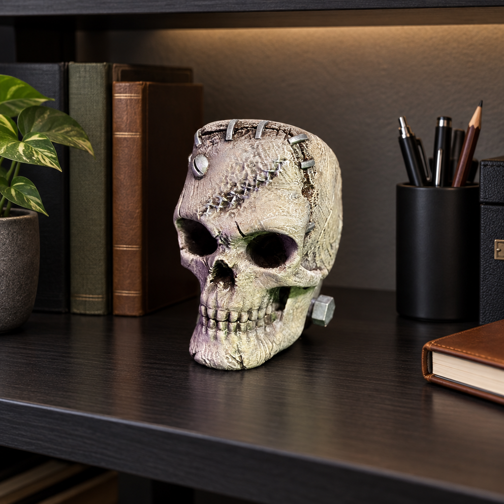 Cracked skull with side bolt resting on a dark home office shelf
