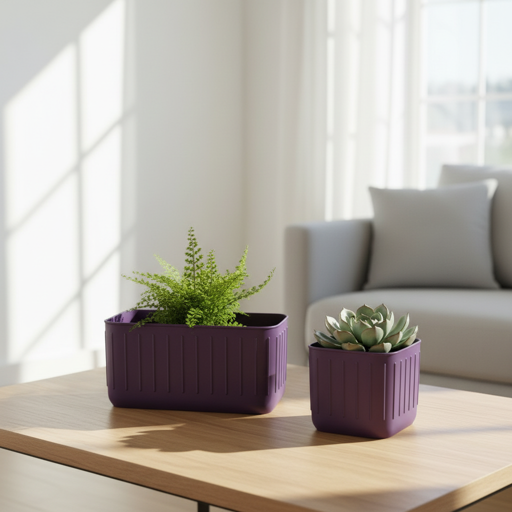 Scandinavian Plant Pot Pair in purple — living room lifestyle
