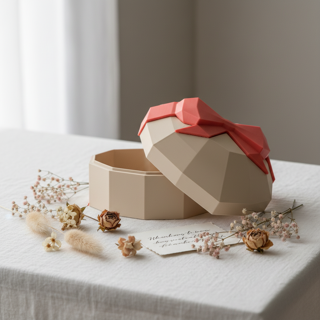 Low-Polygon Heart-Shaped Gift Box in beige — on white linen tablecloth with dried flowers and handwritten note, soft natural light