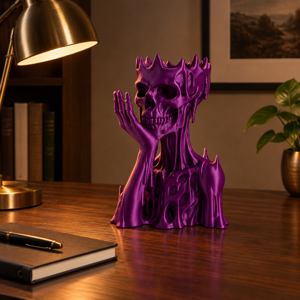 Purple skull and upper torso ornament on a dark walnut writing desk beside a notebook and brass lamp.