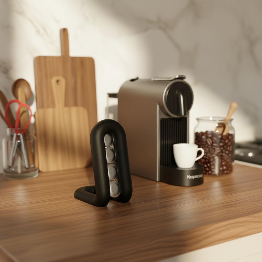 Black wibble coffee pod holder on walnut counter with Nespresso machine and espresso cup warm morning kitchen lifestyle