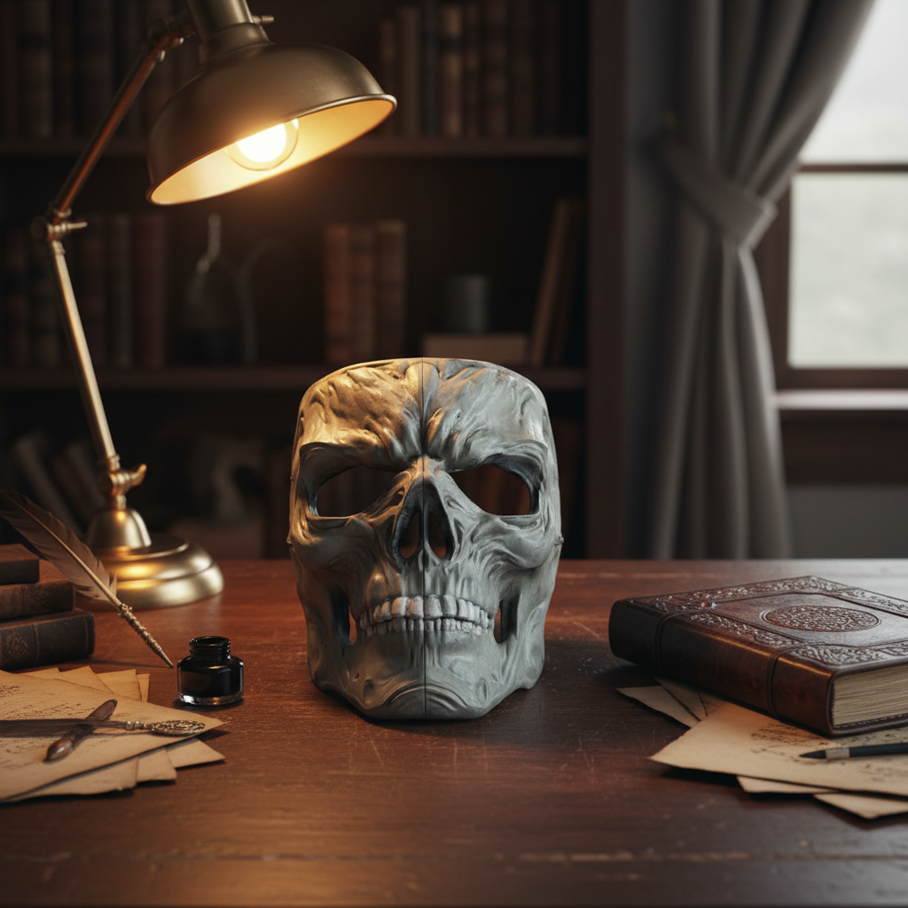Gray gothic skull mask sculpture on a dark academia desk