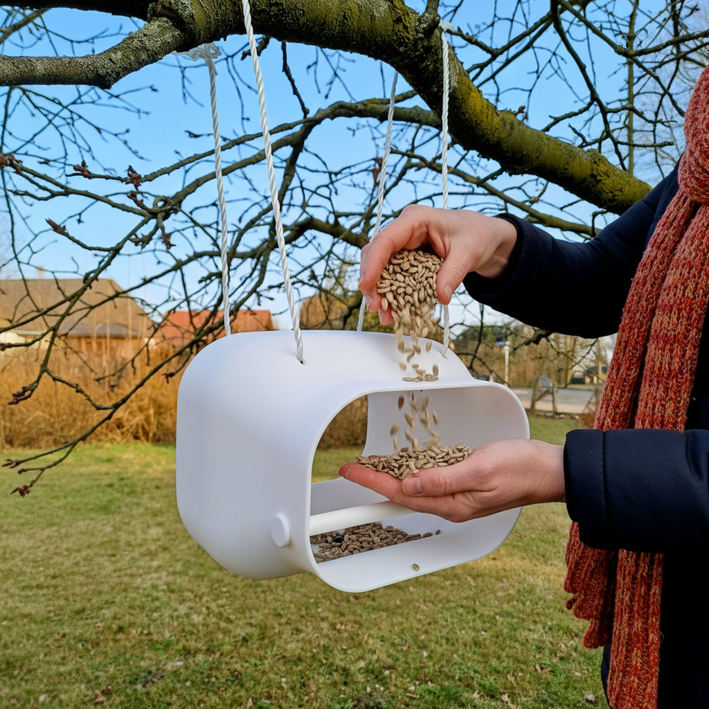 Hands filling bird feeding station with sunflower seeds in winter garden