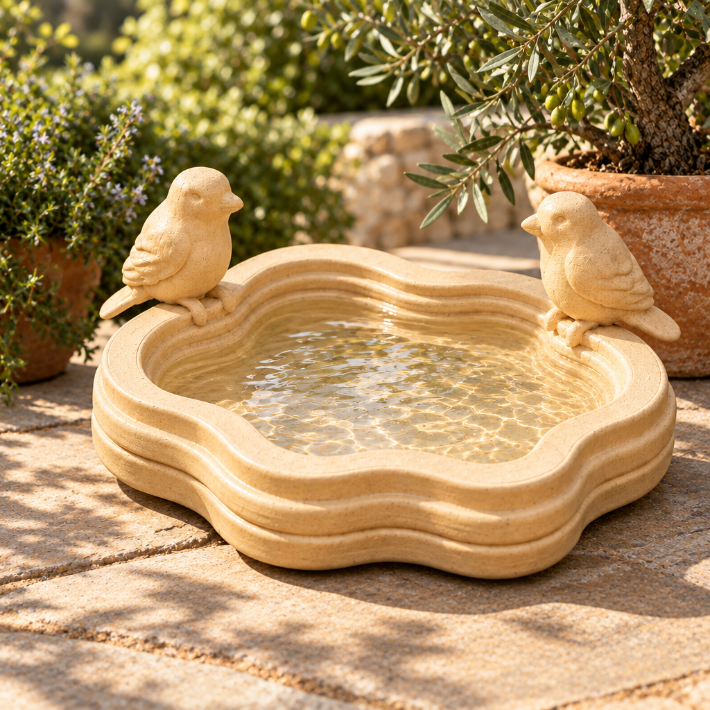Little Lake bird bath on a sunny stone patio