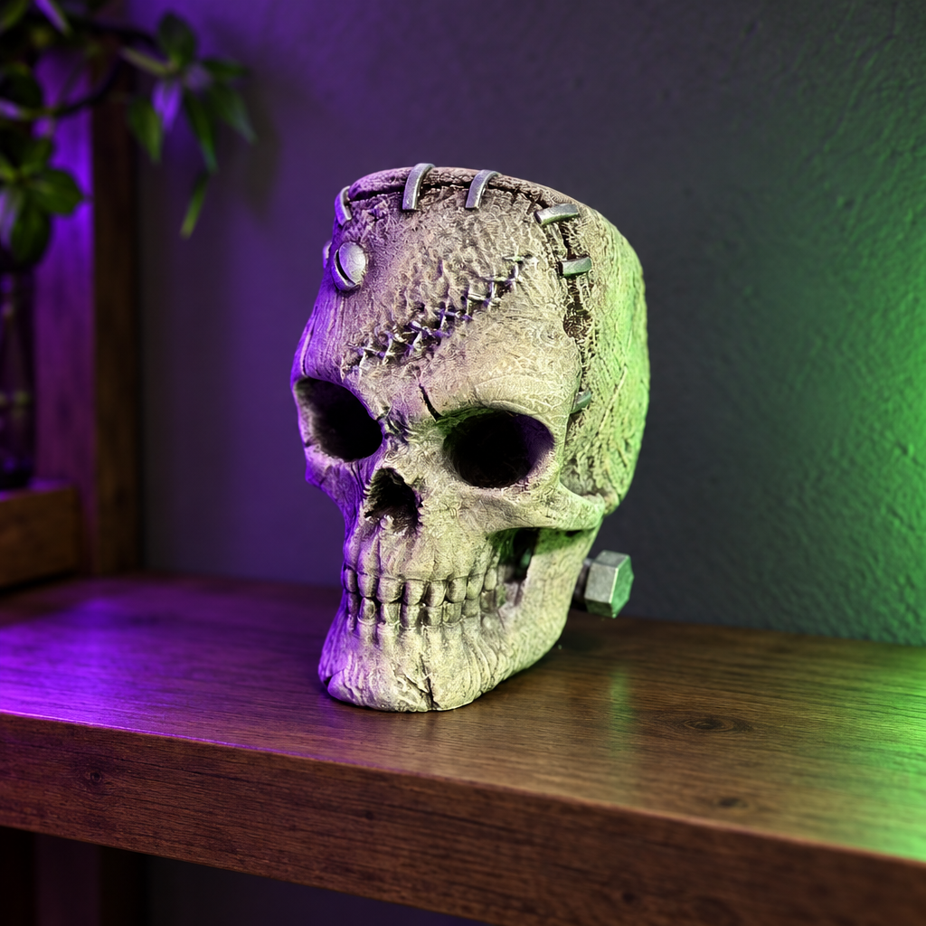 Pale skull with side bolt and crown fasteners in purple and green ambient light