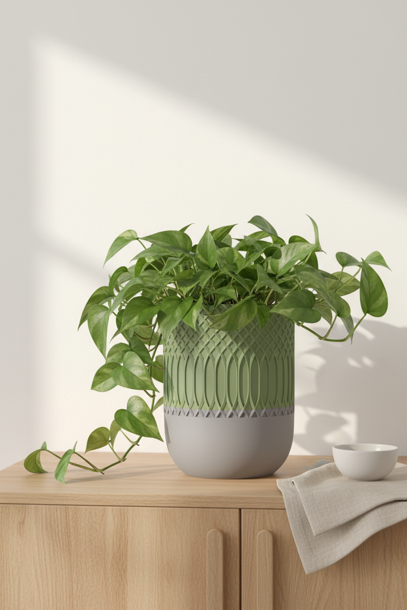 Two-Tone Textured Planter sage green on oak sideboard Scandi living room