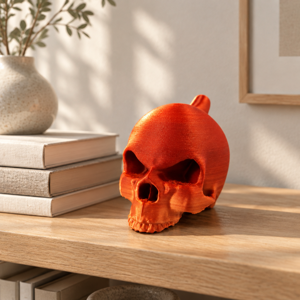 The orange skull ornament styled on a pale oak bookshelf with neutral books and a ceramic vase.