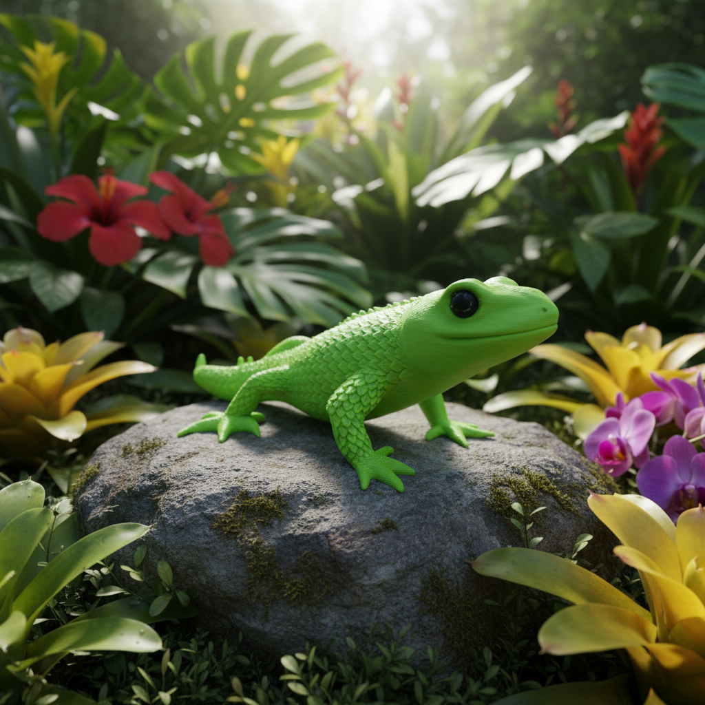 Tiny Legend Gecko-Dragon Figurine - green colourway on garden stone with tropical leaves