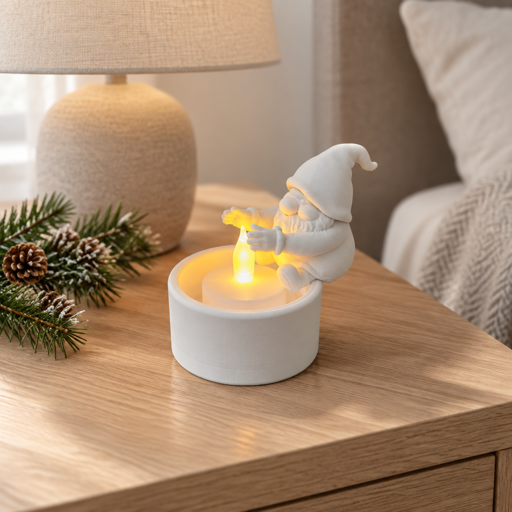 Santa gnome tealight holder styled on a light oak bedside table