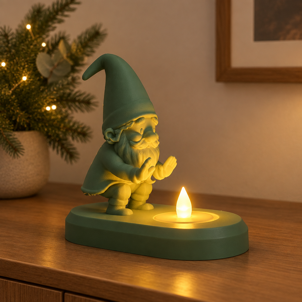 Green Santa holder on a festive sideboard with evergreen accents