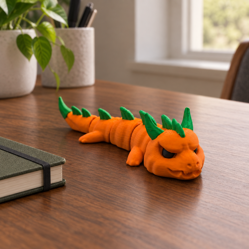 Pumpkin dragon on a walnut desk