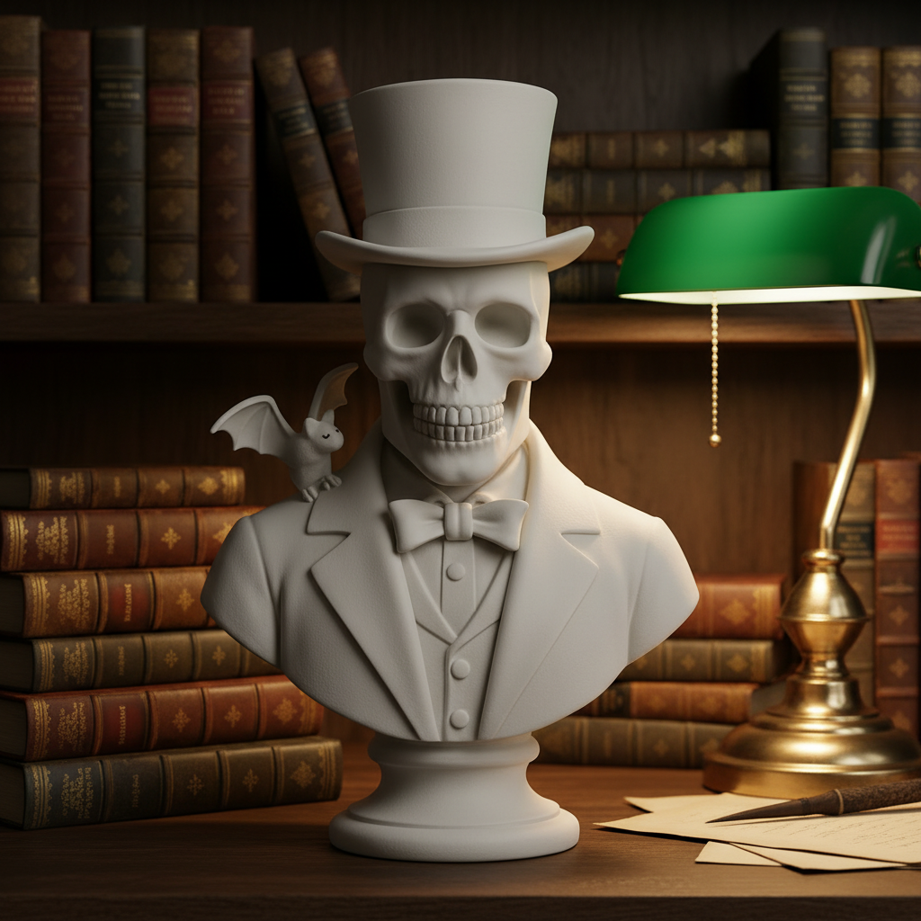 White gentleman skull bust sculpture on a dark academia bookshelf