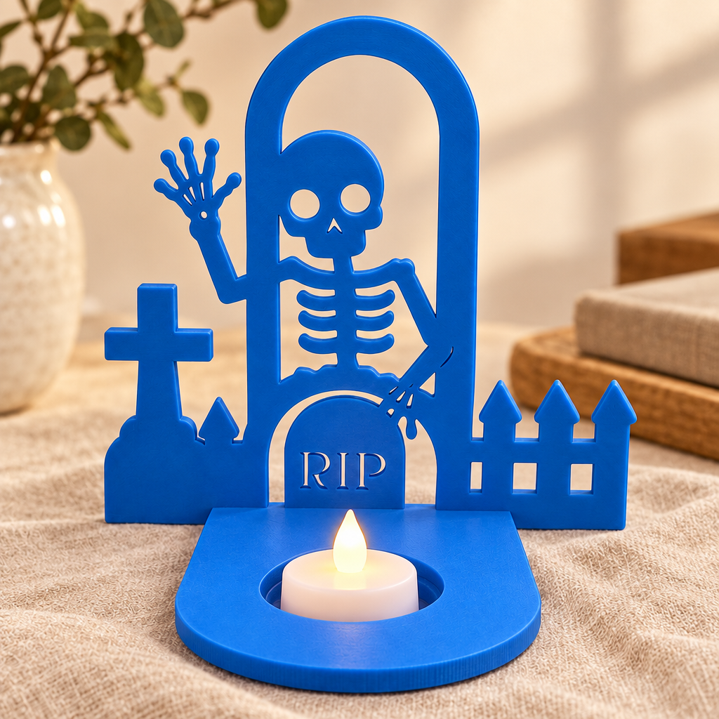 Close-up of skeleton and RIP gravestone