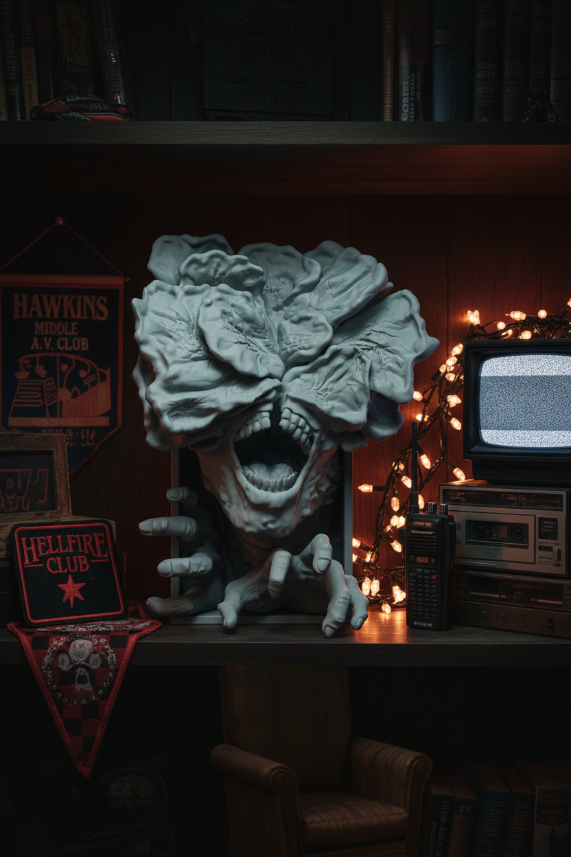 Stranger Things Demogorgon book nook relief sculpture grey framed box dark moody living room shelf Stranger Things memorabilia fairy lights vintage electronics nostalgic horror display portrait