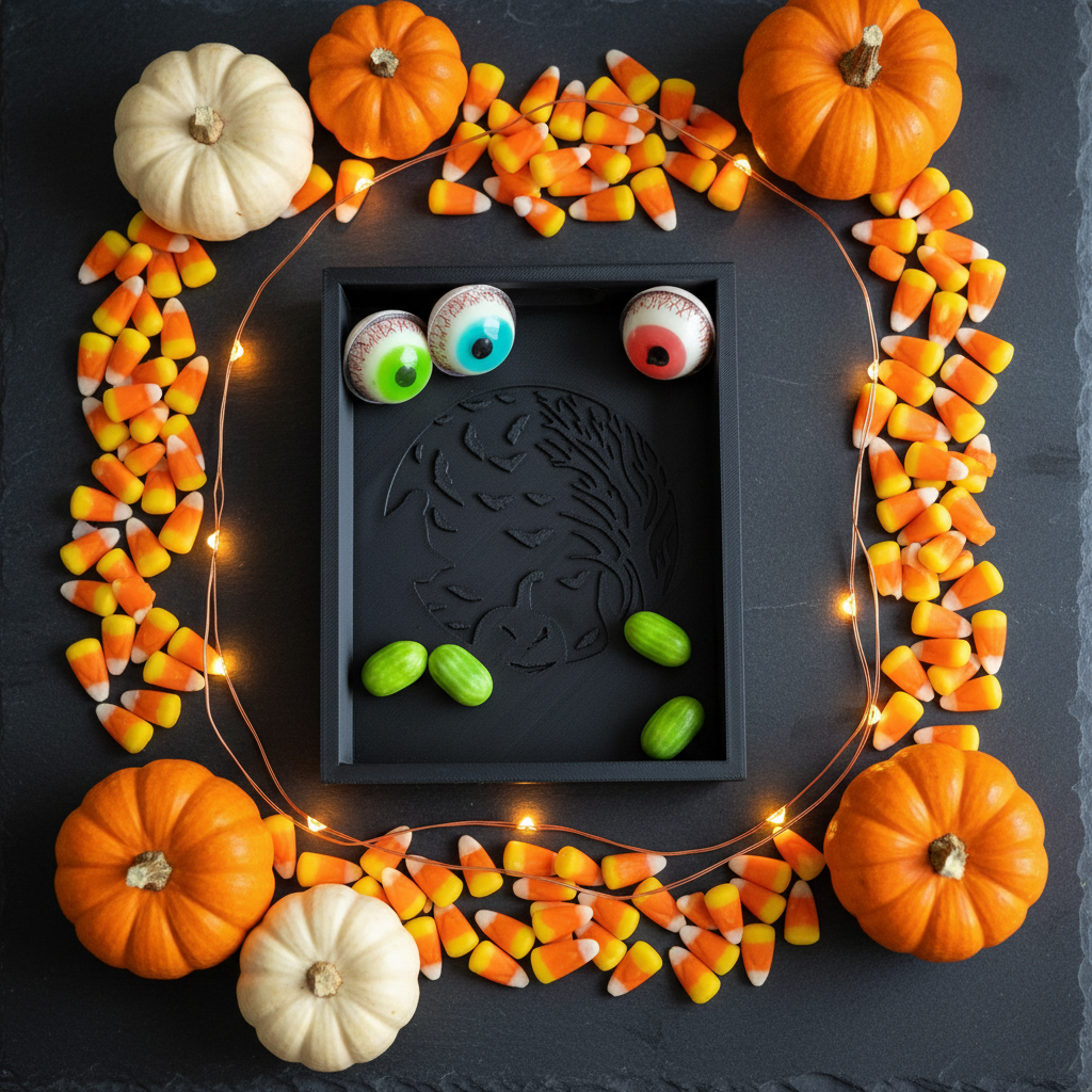 Black Halloween tray flat lay with candy corn gummy eyeballs and mini pumpkins editorial lifestyle