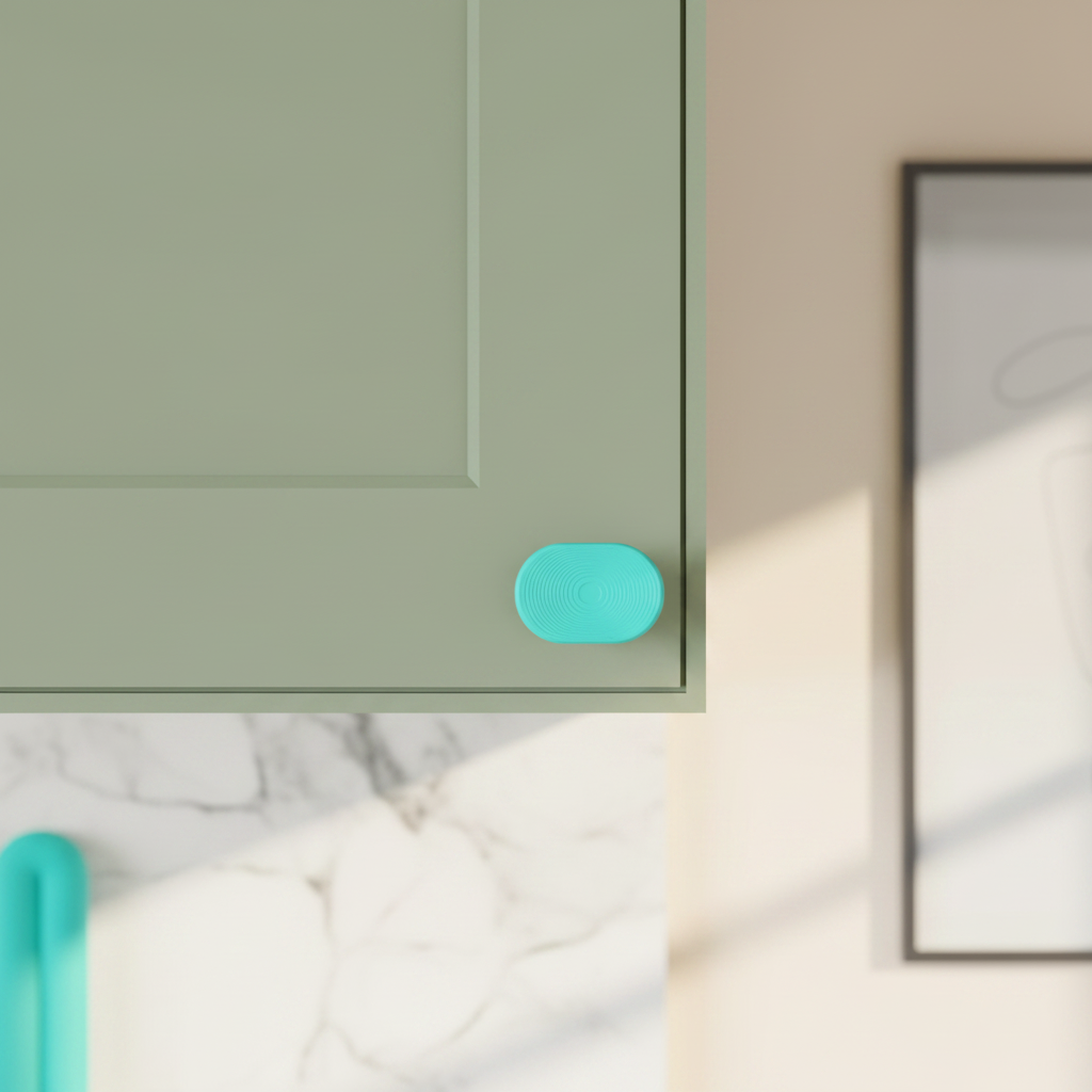 Concentric Circle Cabinet Handle Face on sage green kitchen cabinet