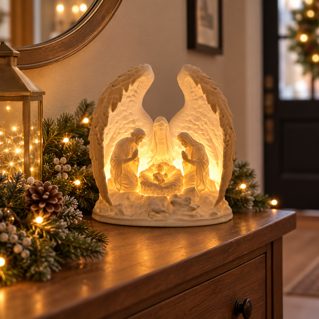 Angel-wing Nativity scene on a winter entryway console