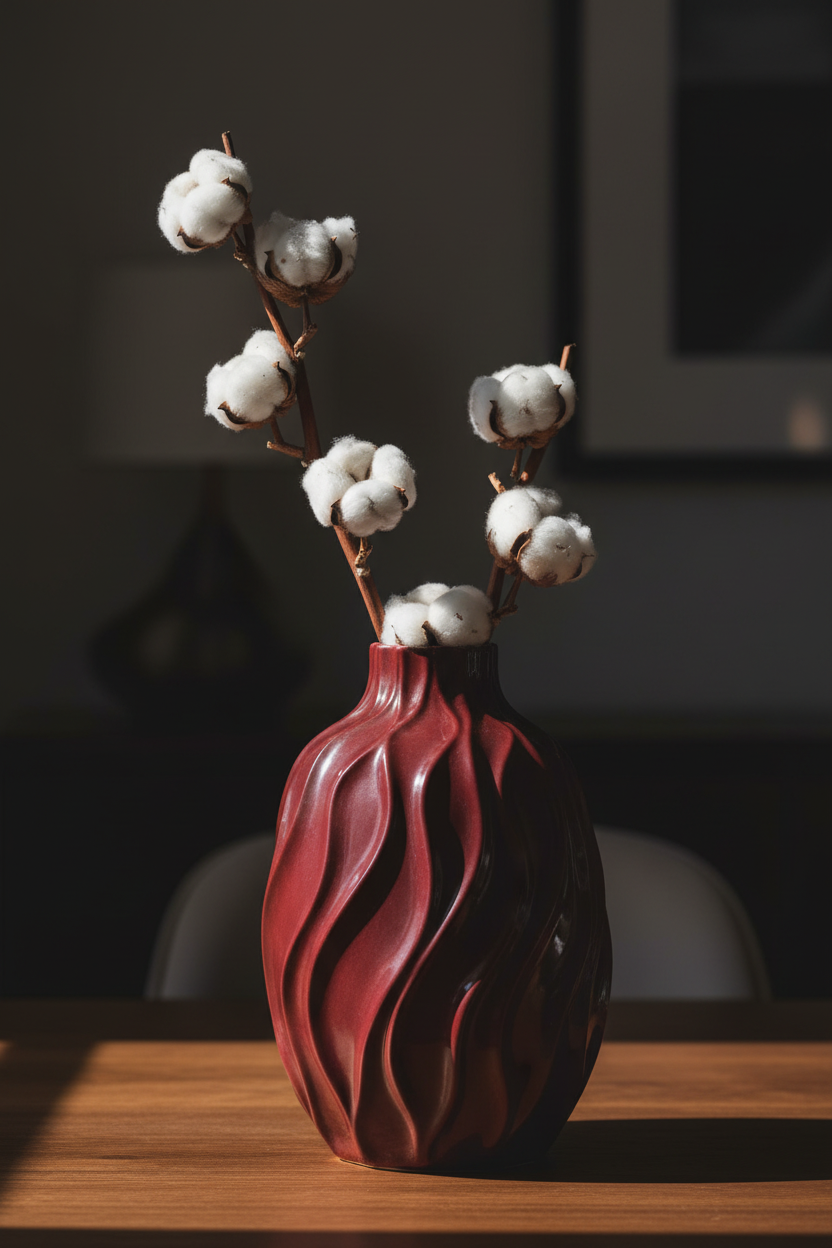 Stagger Twist Vase deep burgundy red matte flowing flame-twist surface impressions dried white cotton bolls warm walnut dining table moody sophisticated interior dramatic raking side light dark background portrait